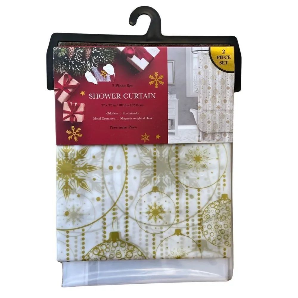 Shower Curtain 2 Piece Set Gold Metallic Holiday Ornaments Vinyl 72x72” NWT